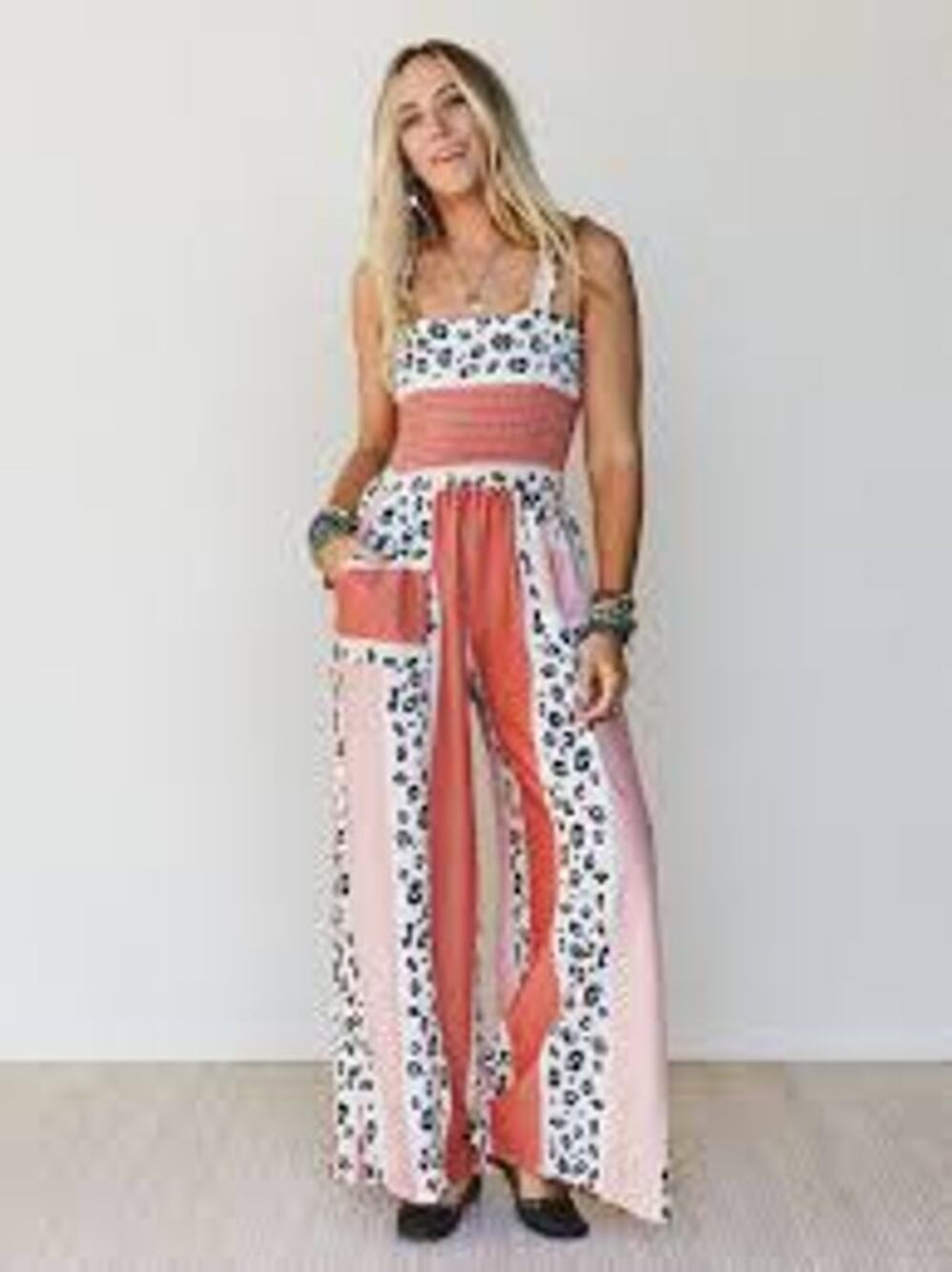 Bucket List Womens L Pink Leopard Print Wide Leg Romper Jumpsuit Boho